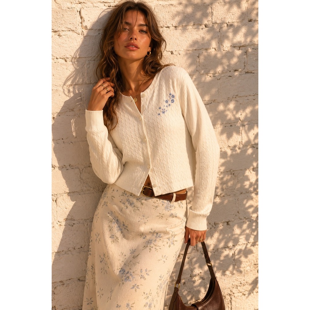 Vintage Cream Cotton Cable Knit Embroidered Floral Cardigan Sweater Large